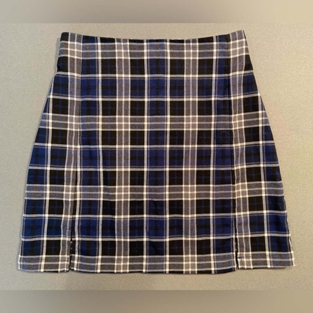 Brandy Melville, Blue Plaid Skirt, Double‎ Vents in Front, zipper, O/S